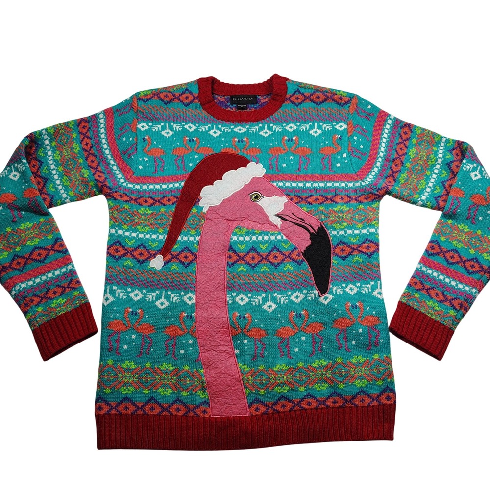 Blizzard Bay Mens Flamingo Santa Hat Ugly Christmas Sweater‎ Teal M